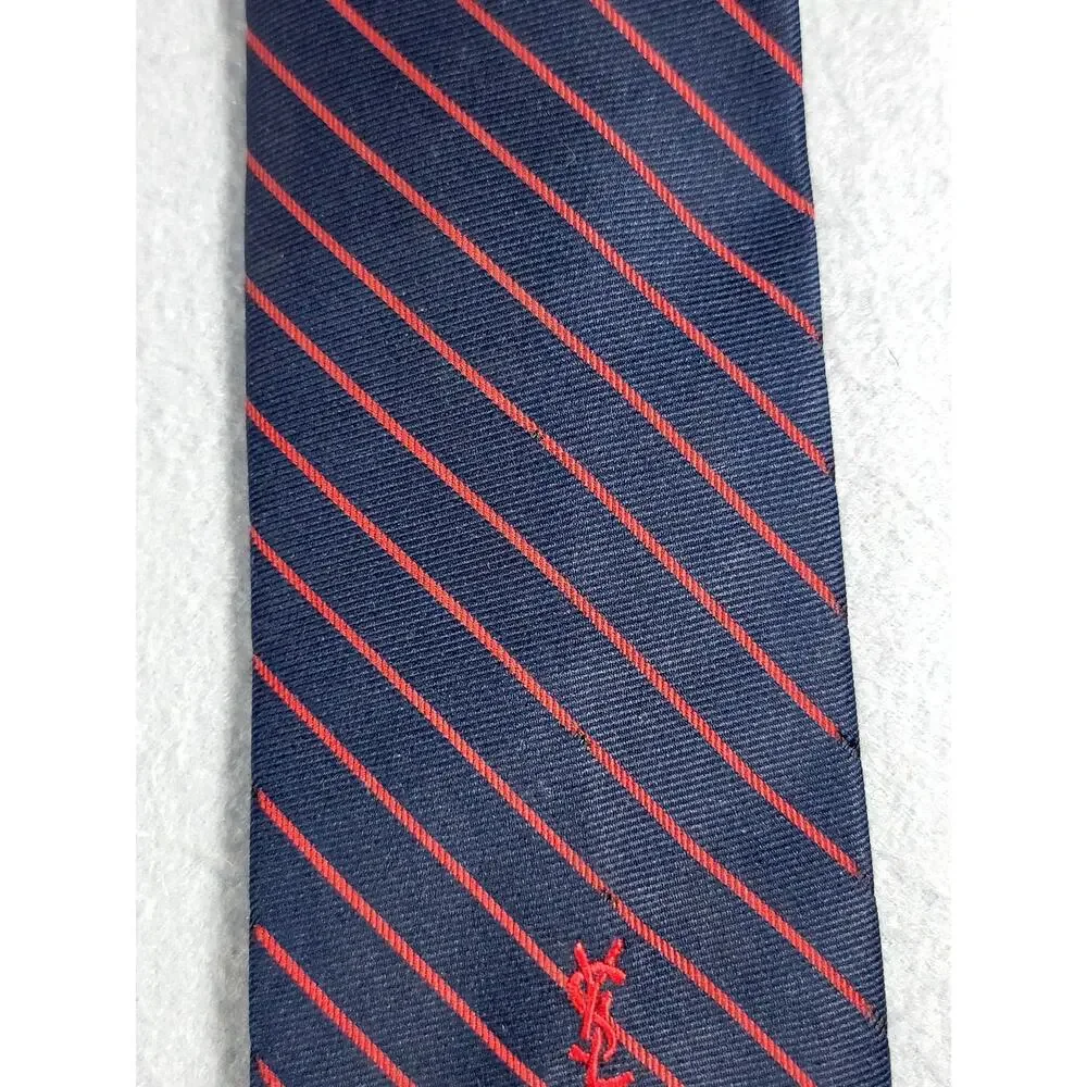 Vintage Yves Saint Laurent Navy Red Striped Tie YSL Logo